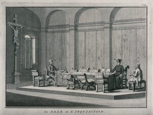 YW041642V_An-interrogation-room-of-the-Spanish-Inquisition-with-two-priests-and-an-accused-heretic