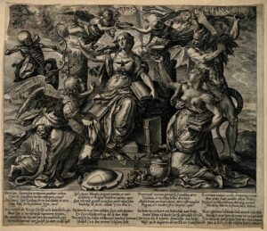 V0007649 A woman beleaguered by demons, death and deceiving angels; r