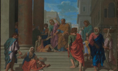 Nicolas Poussin (French, Les Andelys 1594–1665 Rome)
Saints Peter and John Healing the Lame Man, 1655
Oil on canvas; 49 1/2 x 65 in. (125.7 x 165.1 cm)
The Metropolitan Museum of Art, New York, Marquand Fund, 1924 (24.45.2)
http://www.metmuseum.org/Collections/search-the-collections/437330