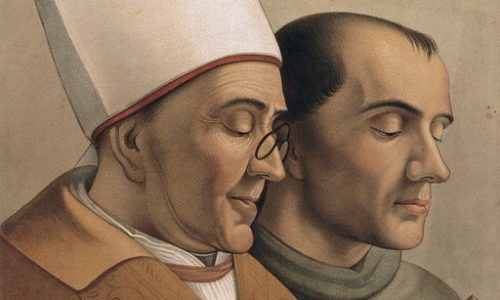 YW015821V_A-bishop-wearing-spectacles-and-a-monk-reading-a-book