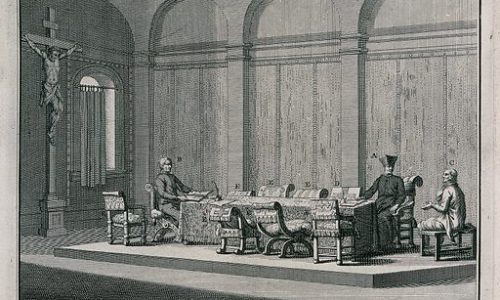 YW041642V_An-interrogation-room-of-the-Spanish-Inquisition-with-two-priests-and-an-accused-heretic