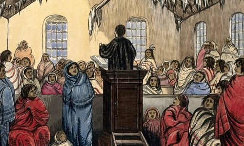 Red River Settlement, Canada: a Christian missionary preaching to native North Americans. Watercolour attributed to an unidentified person called ‘The Empire Traveller’, ca. 1860.

More:

 Original public domain image from Wellcome Collection