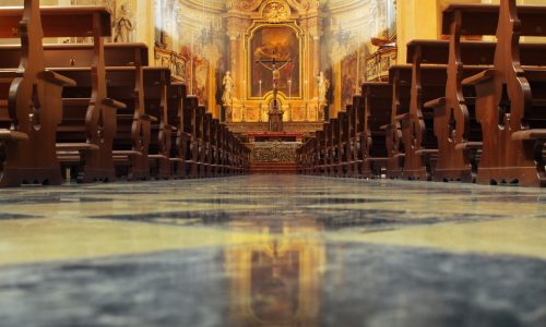 Interior,Of,A,Beautiful,Old,Catholic,Church,From,Below,With